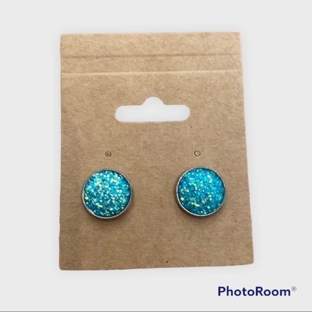 Teal blue sparkle 12mm stud earrings